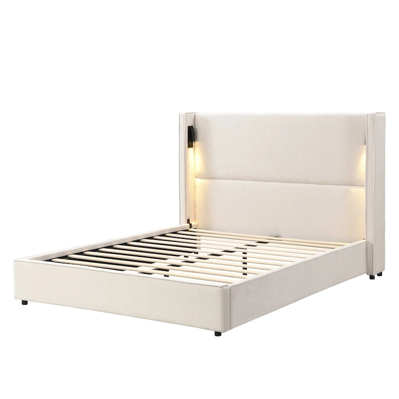 Cadre de lit rembourré avec lampe de lecture et port USB, tête de lit capitonnée, chambre moderne