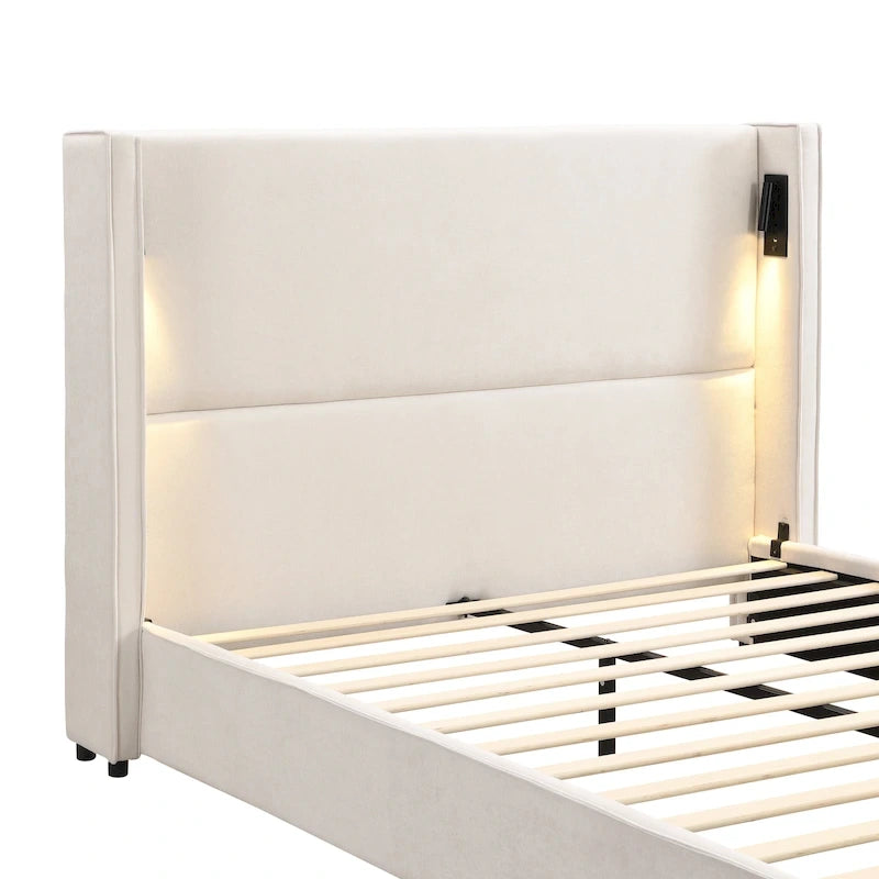 Cadre de lit rembourré avec lampe de lecture et port USB, tête de lit capitonnée, chambre moderne