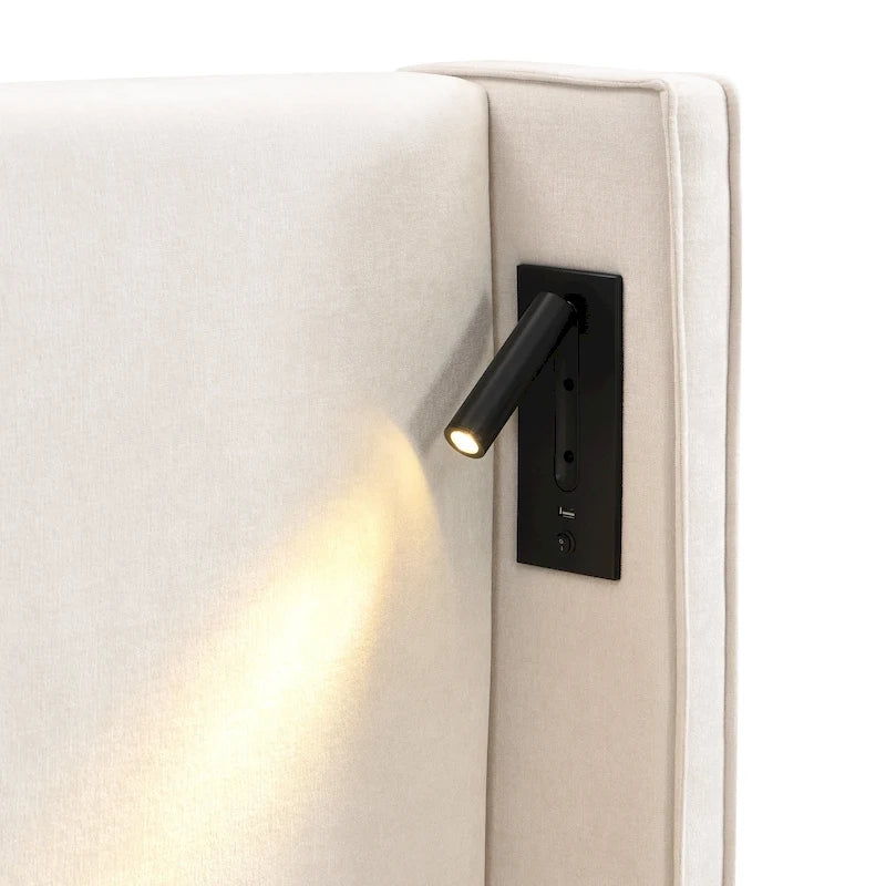 Cadre de lit rembourré avec lampe de lecture et port USB, tête de lit capitonnée, chambre moderne
