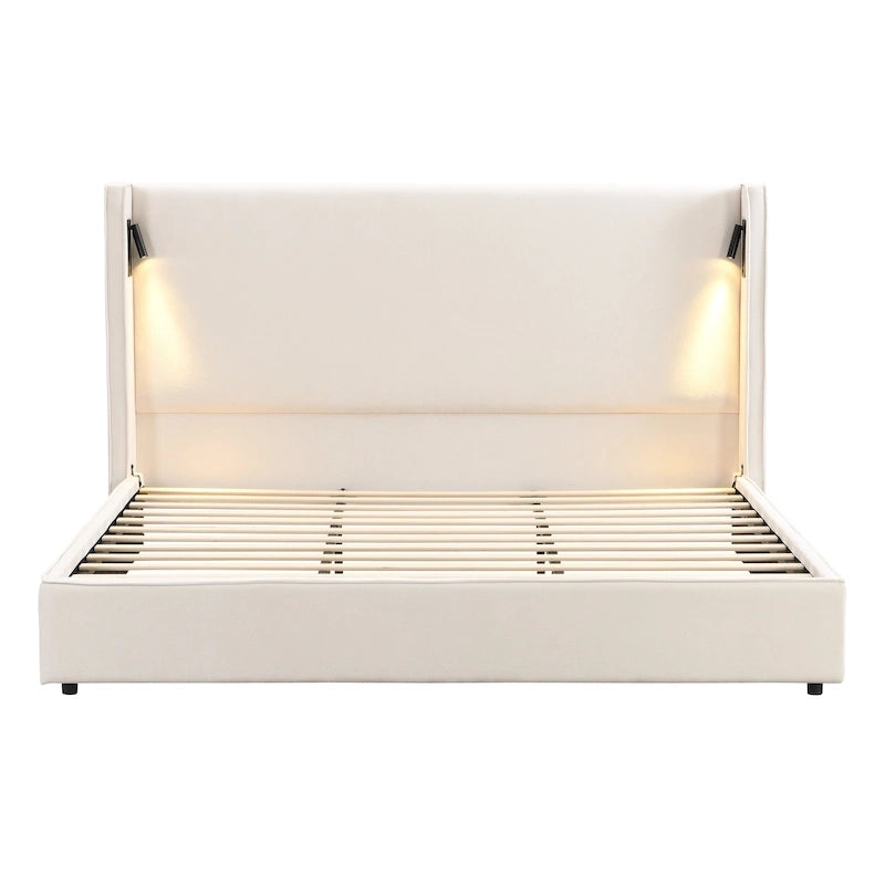 Cadre de lit rembourré avec lampe de lecture et port USB, tête de lit capitonnée, chambre moderne