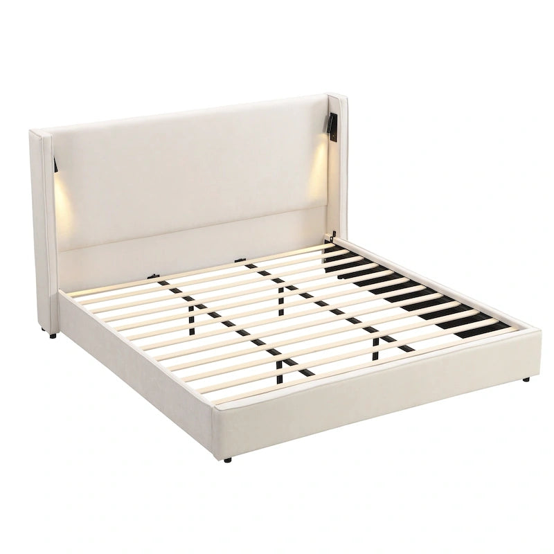 Cadre de lit rembourré avec lampe de lecture et port USB, tête de lit capitonnée, chambre moderne