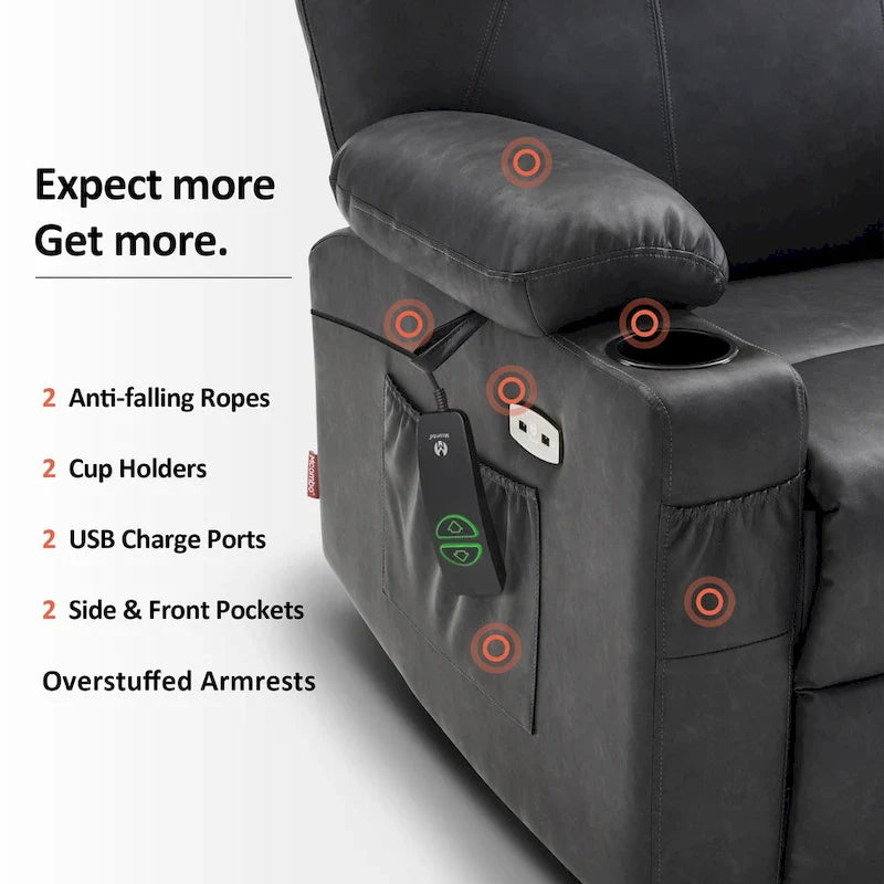 Fauteuil inclinable électrique grand format en cuir MCombo avec massage, chauffage, porte-gobelets, repose-pieds étendu, cuir 7516