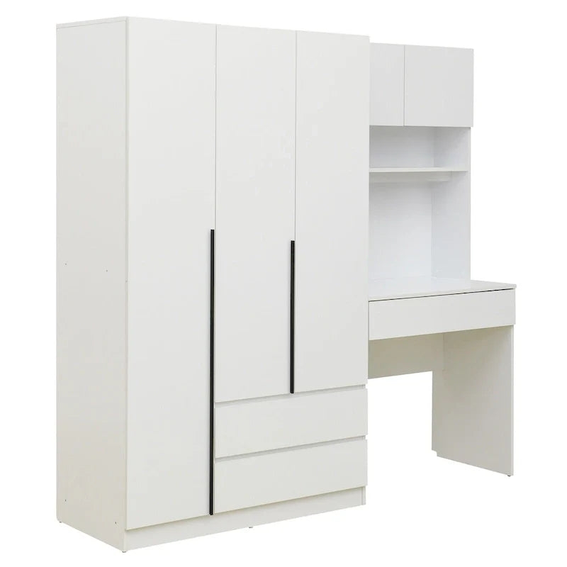 Armoire-penderie 3-en-1 avec coiffeuse, ensemble de bureau, armoire de chambre avec 2 tiroirs, armoire-penderie à 3 portes avec espace de rangement