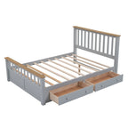 Lit plateforme Queen gris en pin naturel avec tiroirs et tête de lit en bois