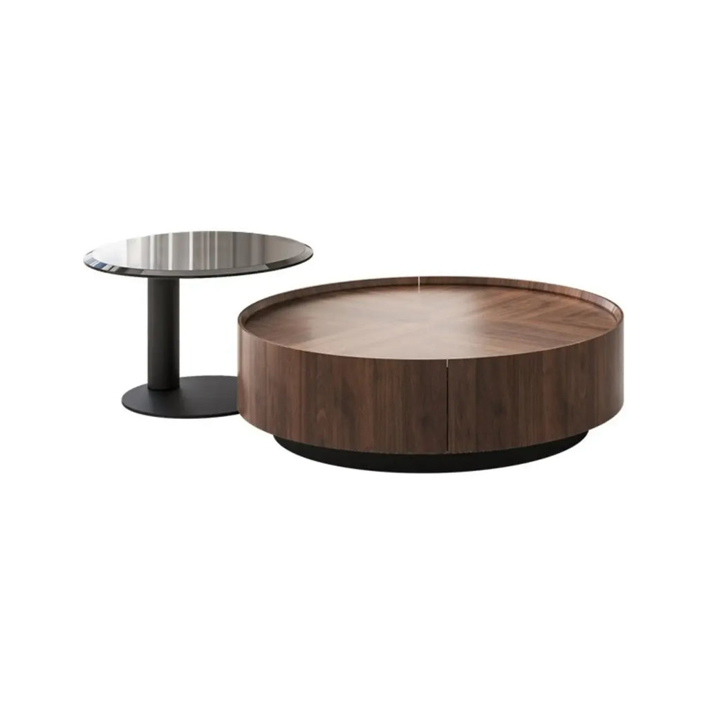 Table Basse Gigogne Ronde en Bois de Récupération avec 2 Tiroirs