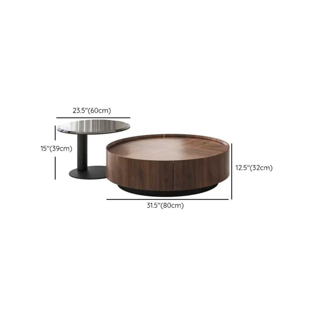 Table Basse Gigogne Ronde en Bois de Récupération avec 2 Tiroirs