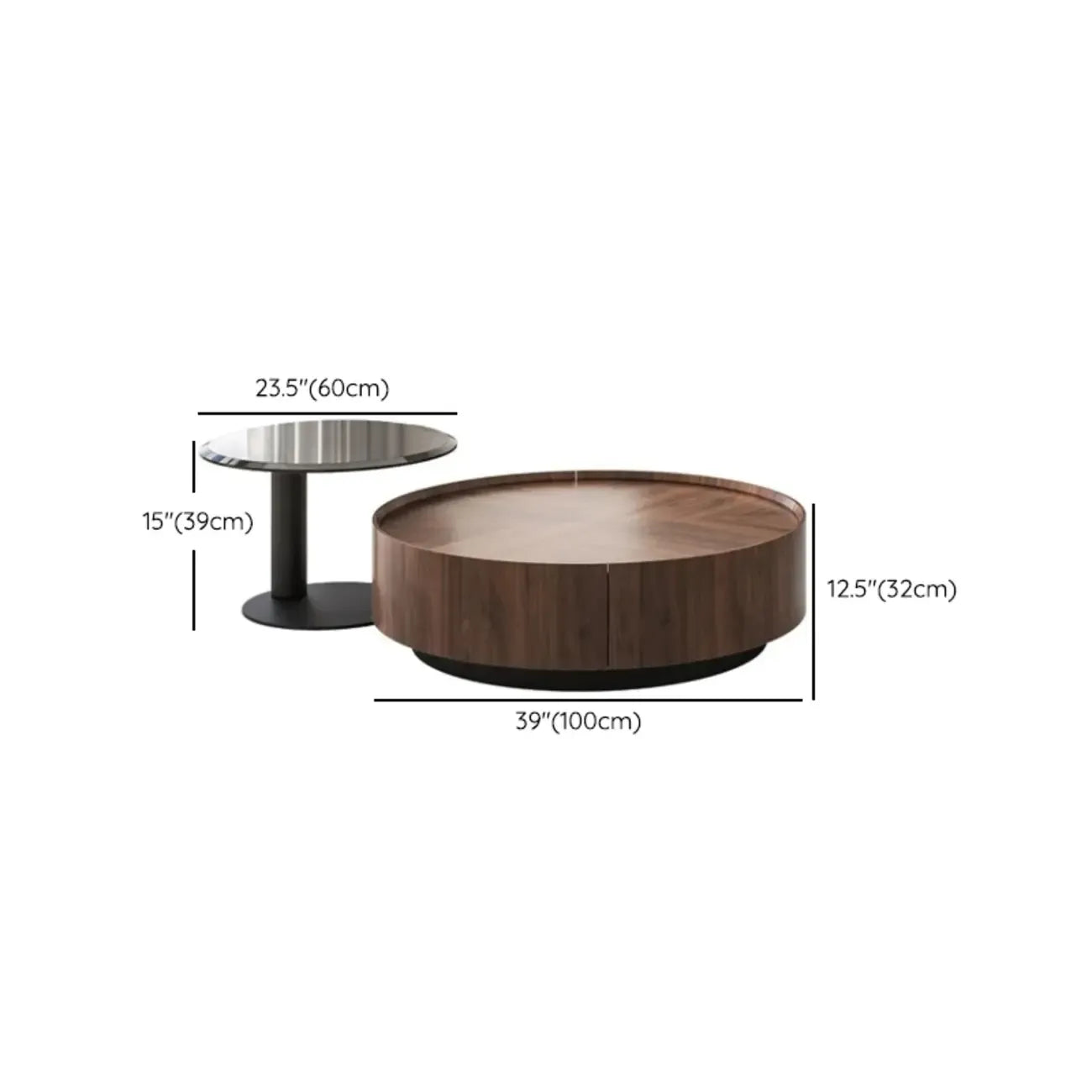Table Basse Gigogne Ronde en Bois de Récupération avec 2 Tiroirs