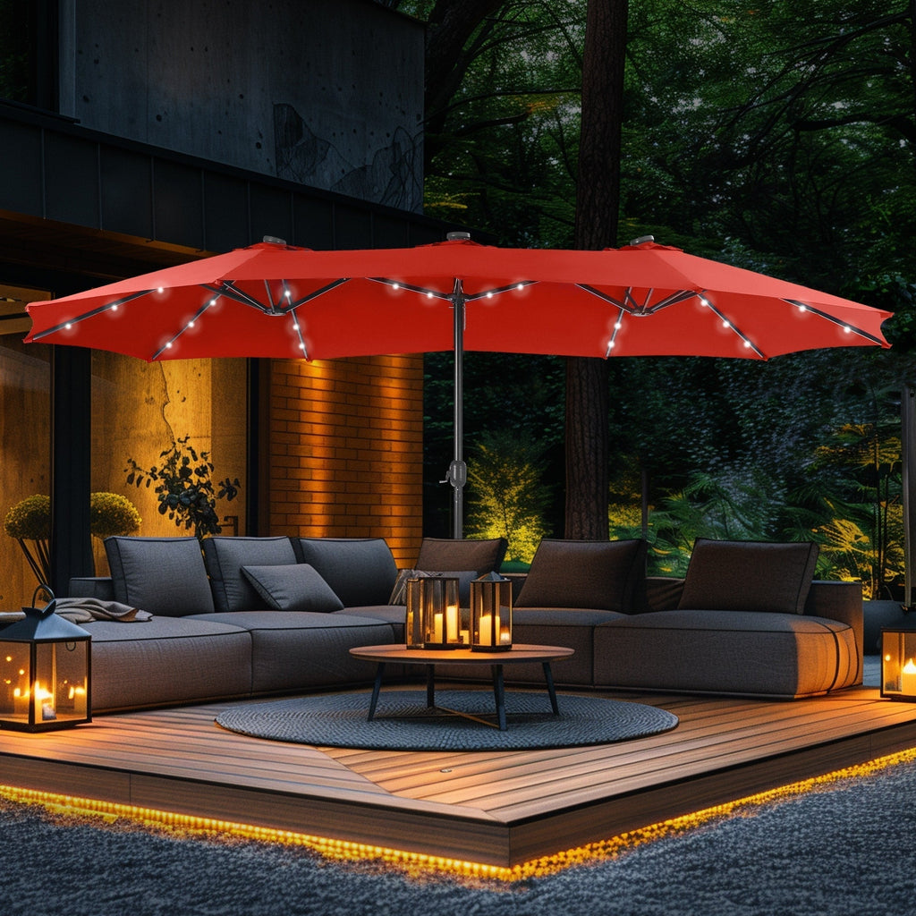 Parasol de marché extérieur rectangulaire de 4,5 m avec manivelle, double face, lumières LED solaires et base incluse
