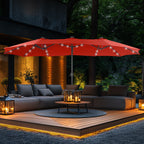 Parasol de marché extérieur rectangulaire de 4,5 m avec manivelle, double face, lumières LED solaires et base incluse