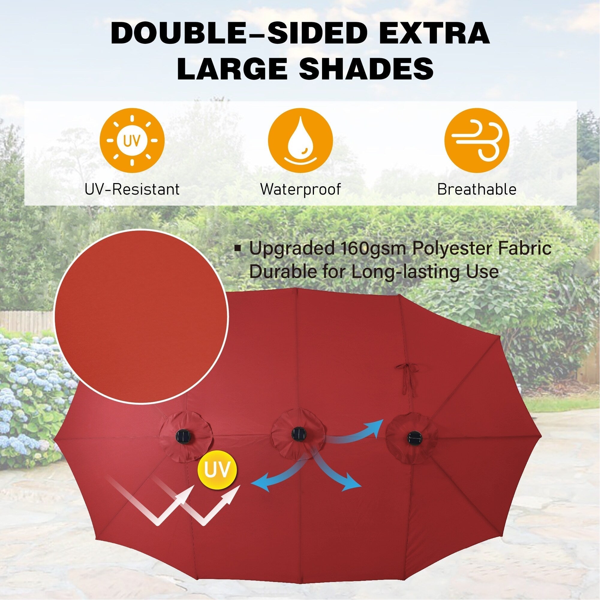 Parasol de marché extérieur rectangulaire de 4,5 m avec manivelle, double face, lumières LED solaires et base incluse