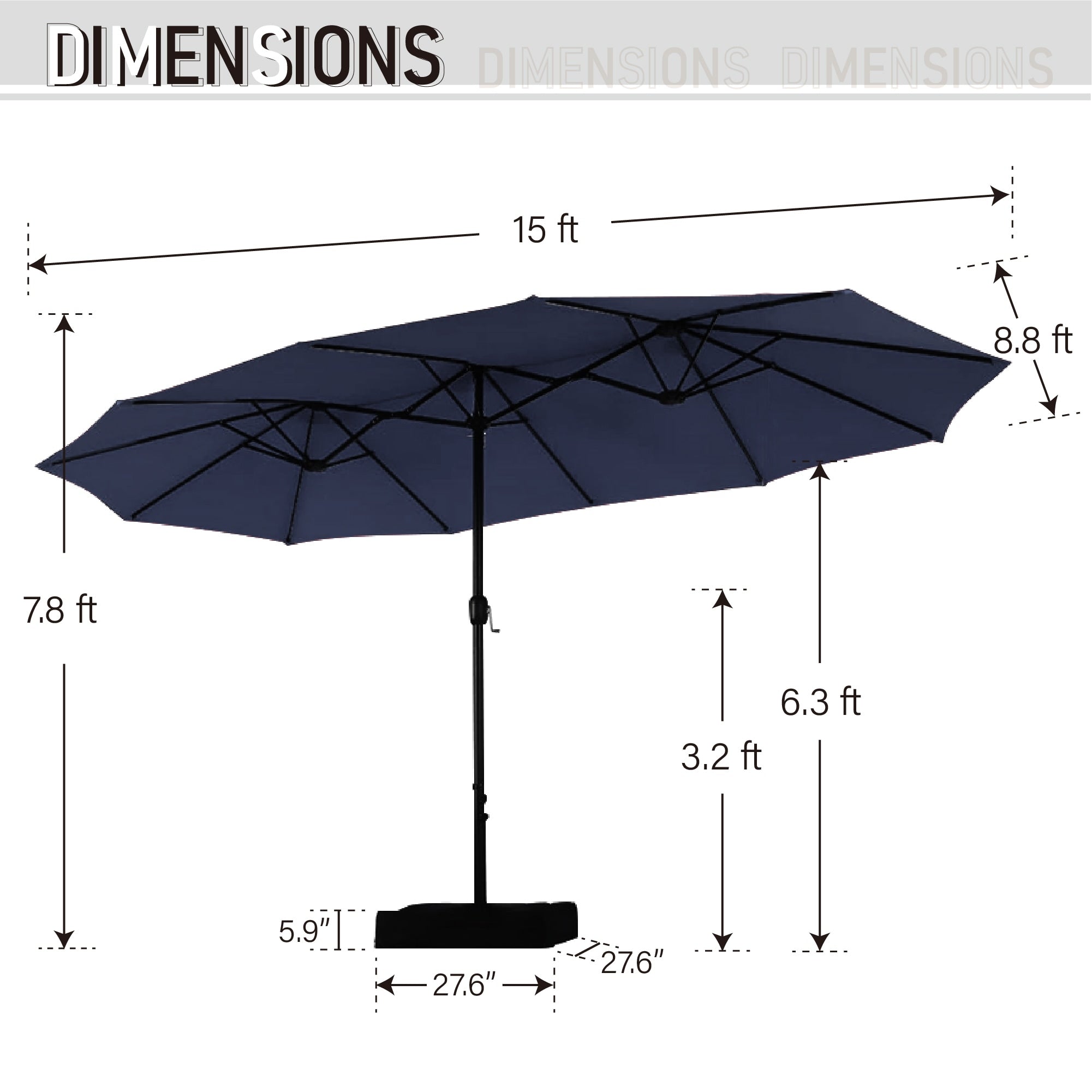 Parasol de marché extérieur rectangulaire de 4,5 m avec manivelle, double face, lumières LED solaires et base incluse