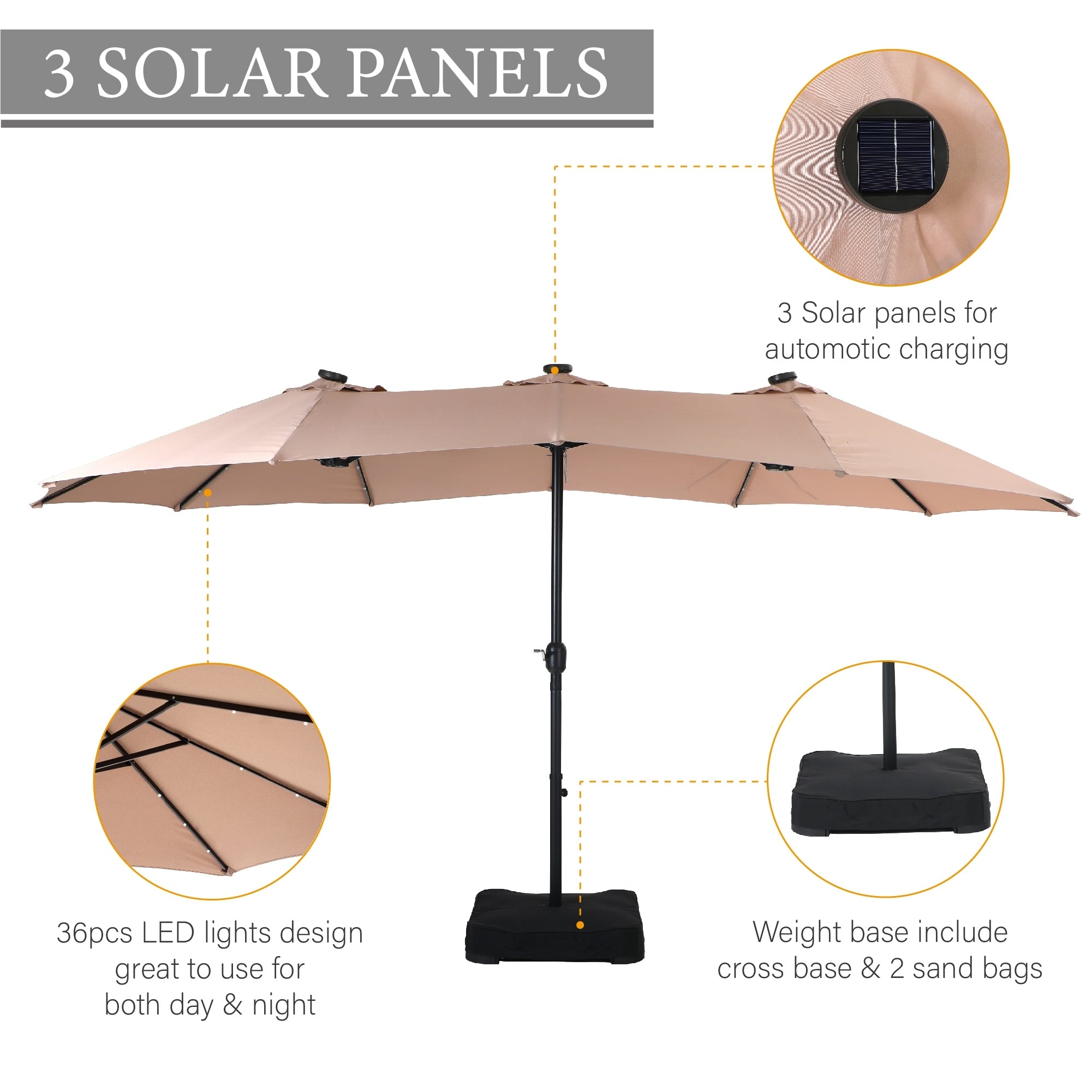 Parasol de marché extérieur rectangulaire de 4,5 m avec manivelle, double face, lumières LED solaires et base incluse