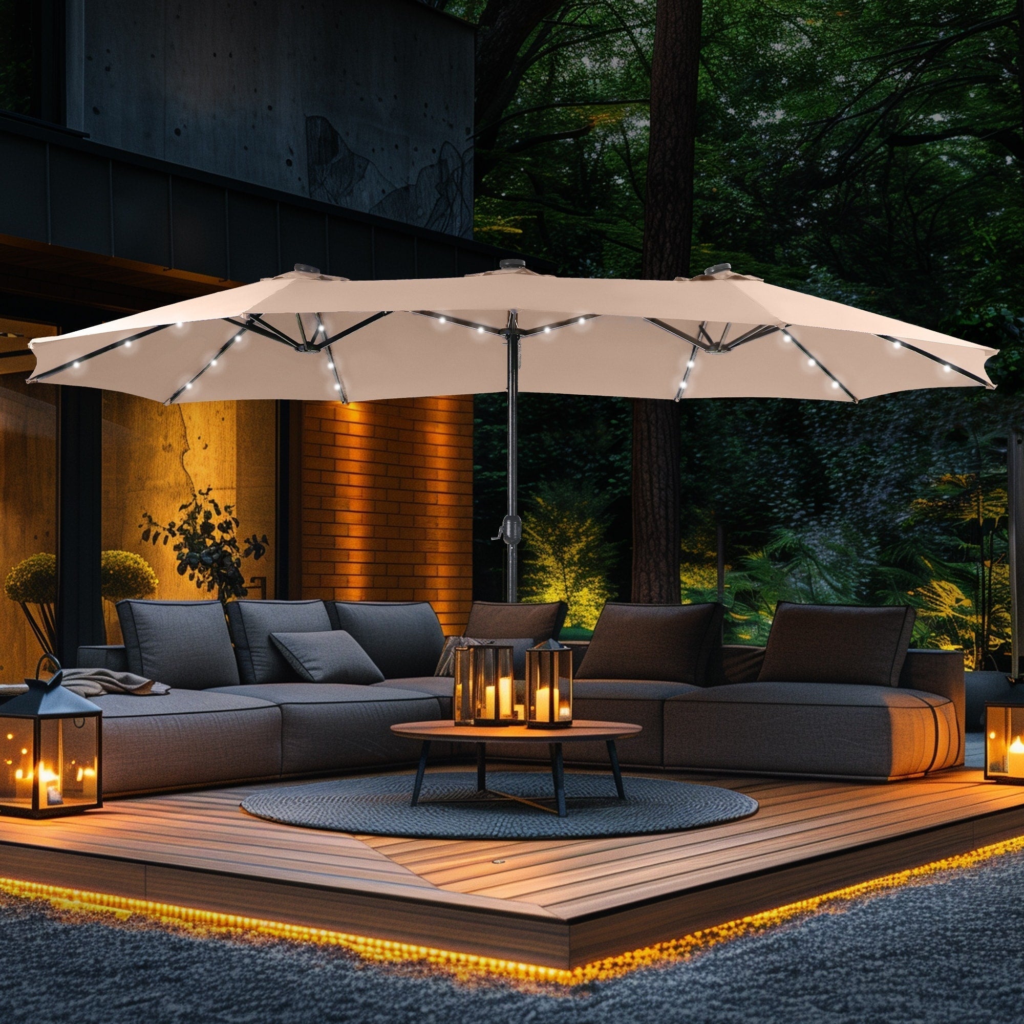 Parasol de marché extérieur rectangulaire de 4,5 m avec manivelle, double face, lumières LED solaires et base incluse