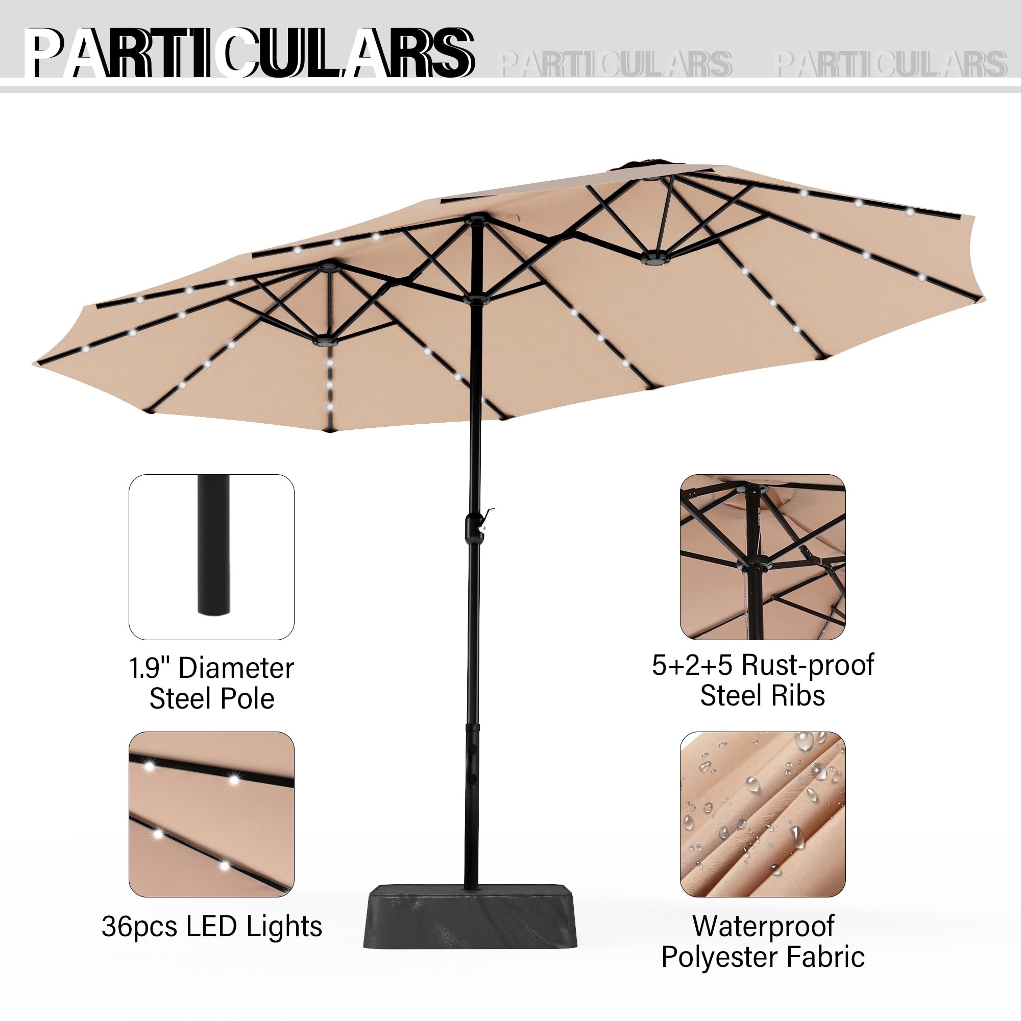 Parasol de marché extérieur rectangulaire de 4,5 m avec manivelle, double face, lumières LED solaires et base incluse