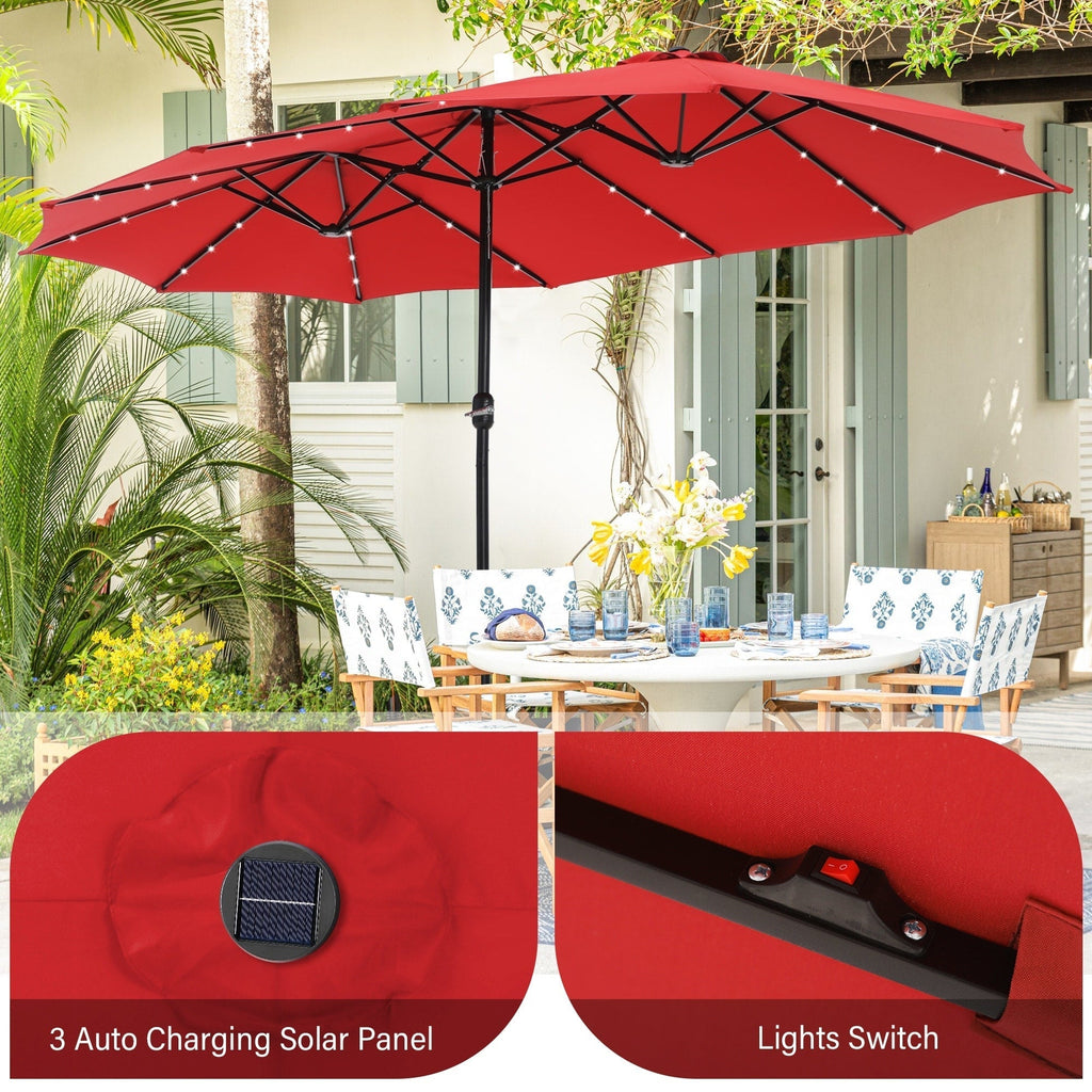 Parasol de marché extérieur rectangulaire de 4,5 m avec manivelle, double face, lumières LED solaires et base incluse