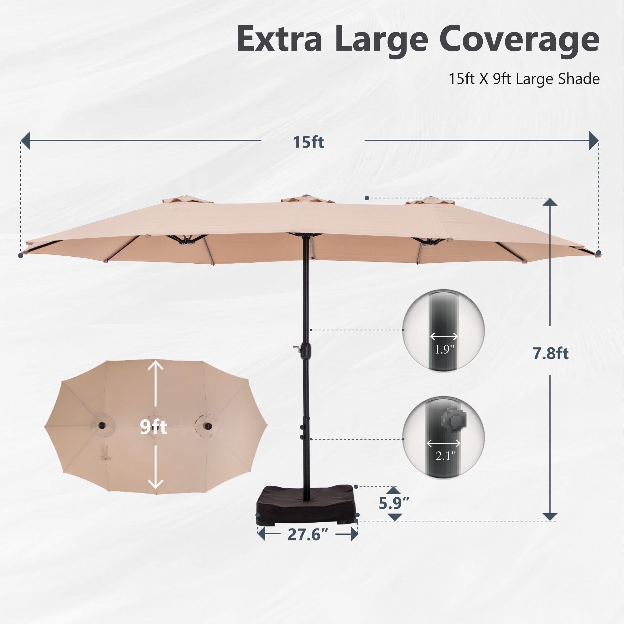 Parasol de marché extérieur rectangulaire de 4,5 m avec manivelle, double face, lumières LED solaires et base incluse