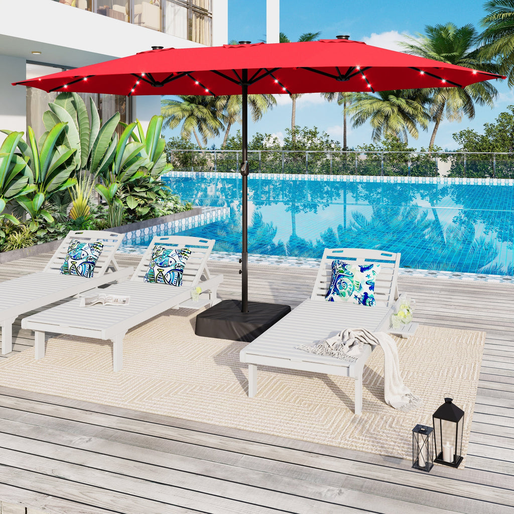Parasol de marché extérieur rectangulaire de 4,5 m avec manivelle, double face, lumières LED solaires et base incluse