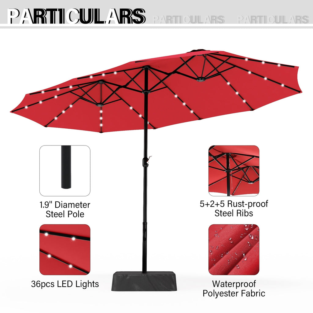 Parasol de marché extérieur rectangulaire de 4,5 m avec manivelle, double face, lumières LED solaires et base incluse