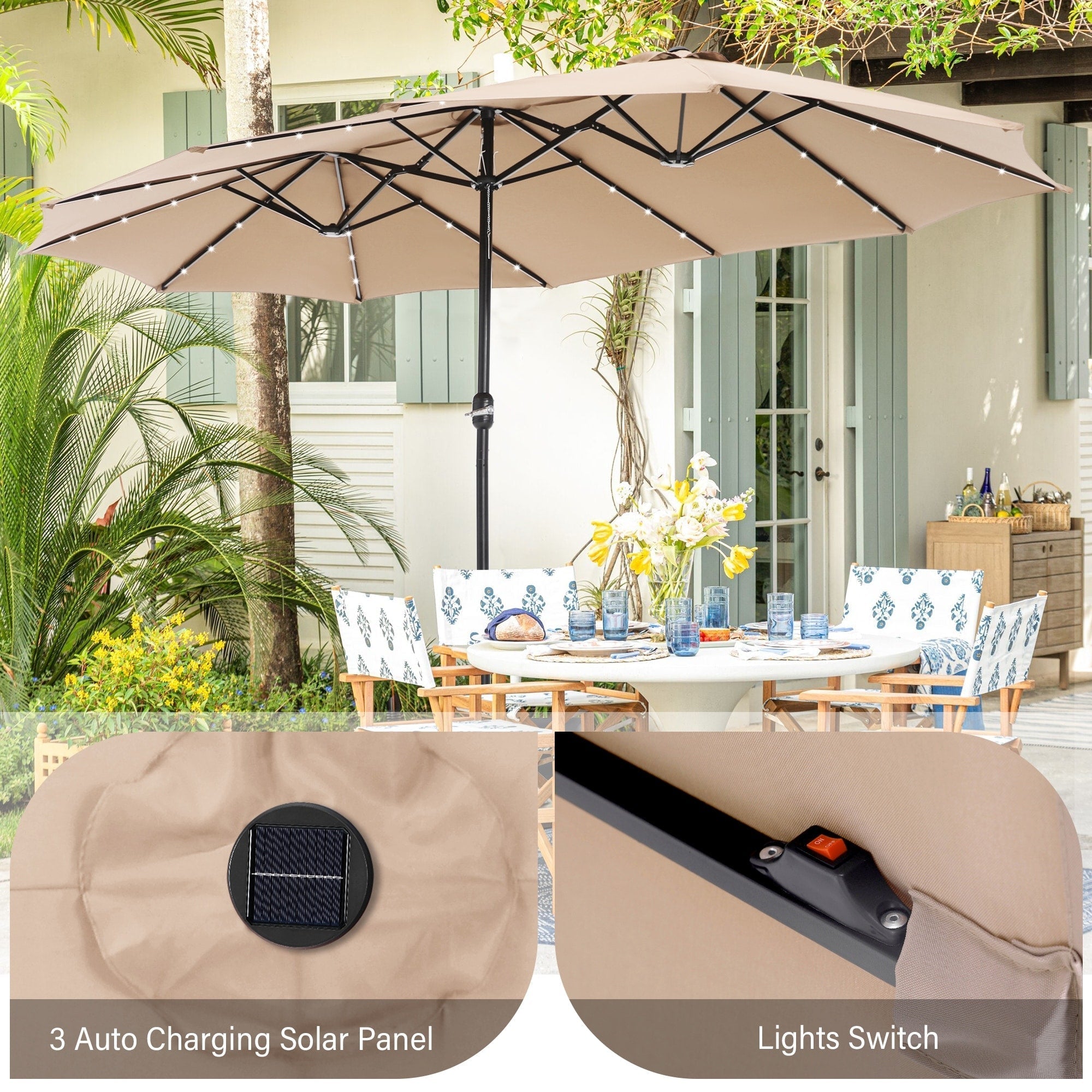 Parasol de marché extérieur rectangulaire de 4,5 m avec manivelle, double face, lumières LED solaires et base incluse