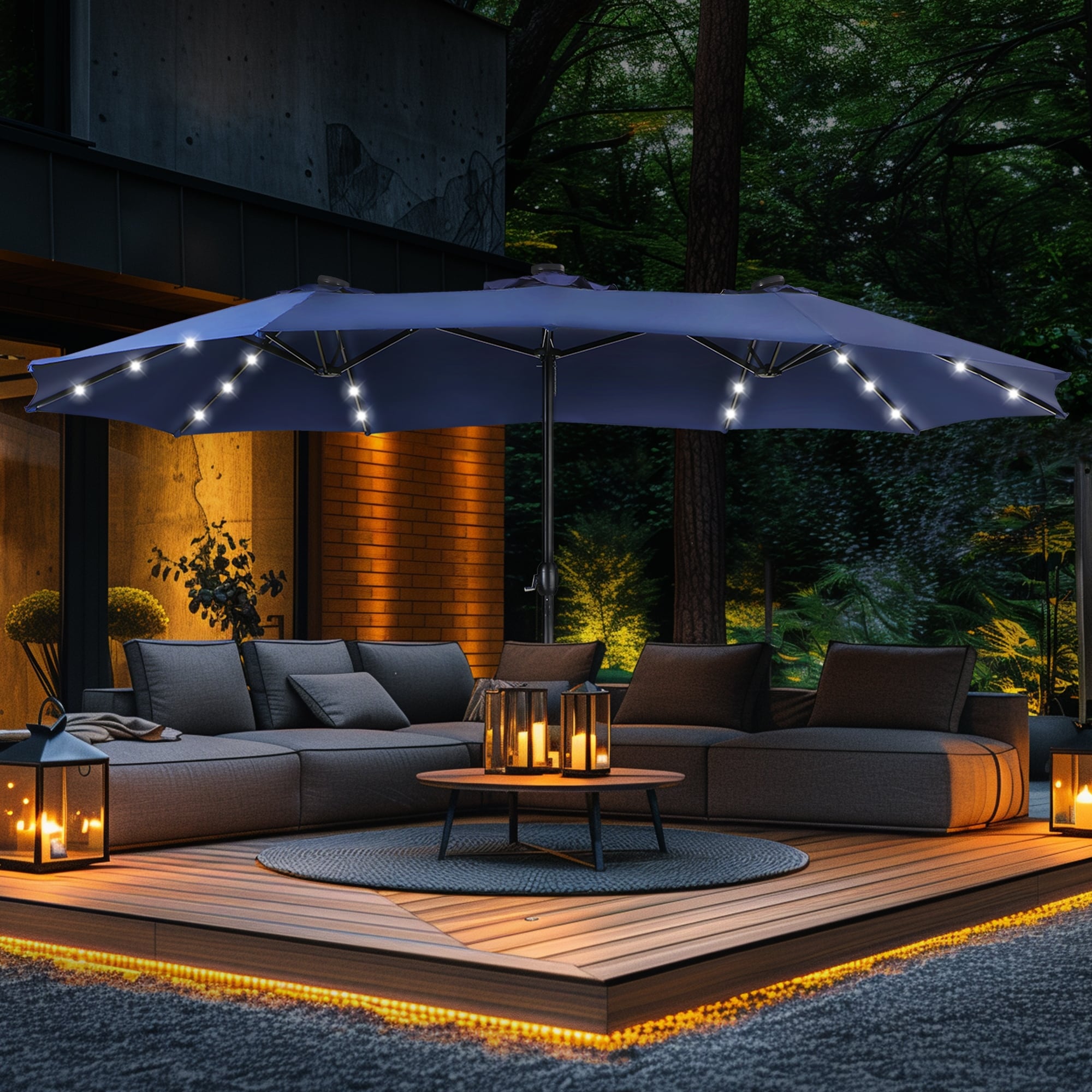 Parasol de marché extérieur rectangulaire de 4,5 m avec manivelle, double face, lumières LED solaires et base incluse