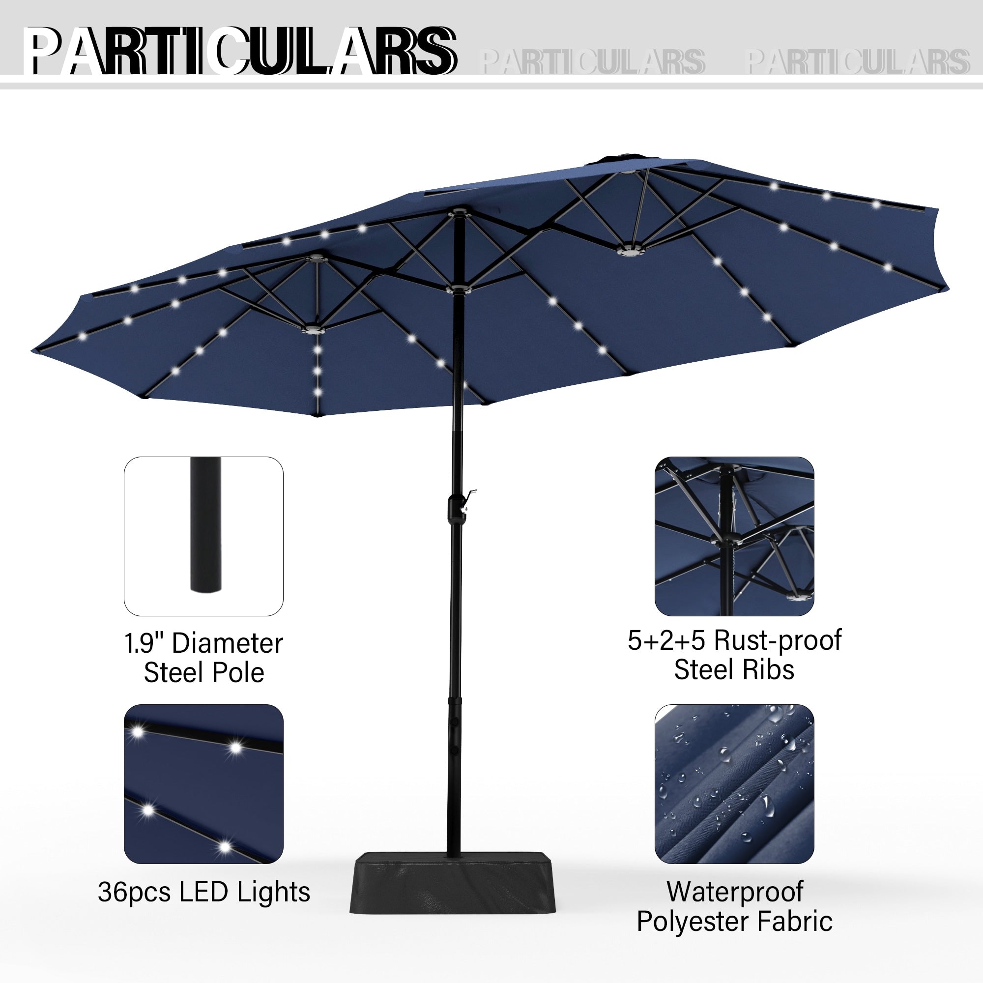 Parasol de marché extérieur rectangulaire de 4,5 m avec manivelle, double face, lumières LED solaires et base incluse