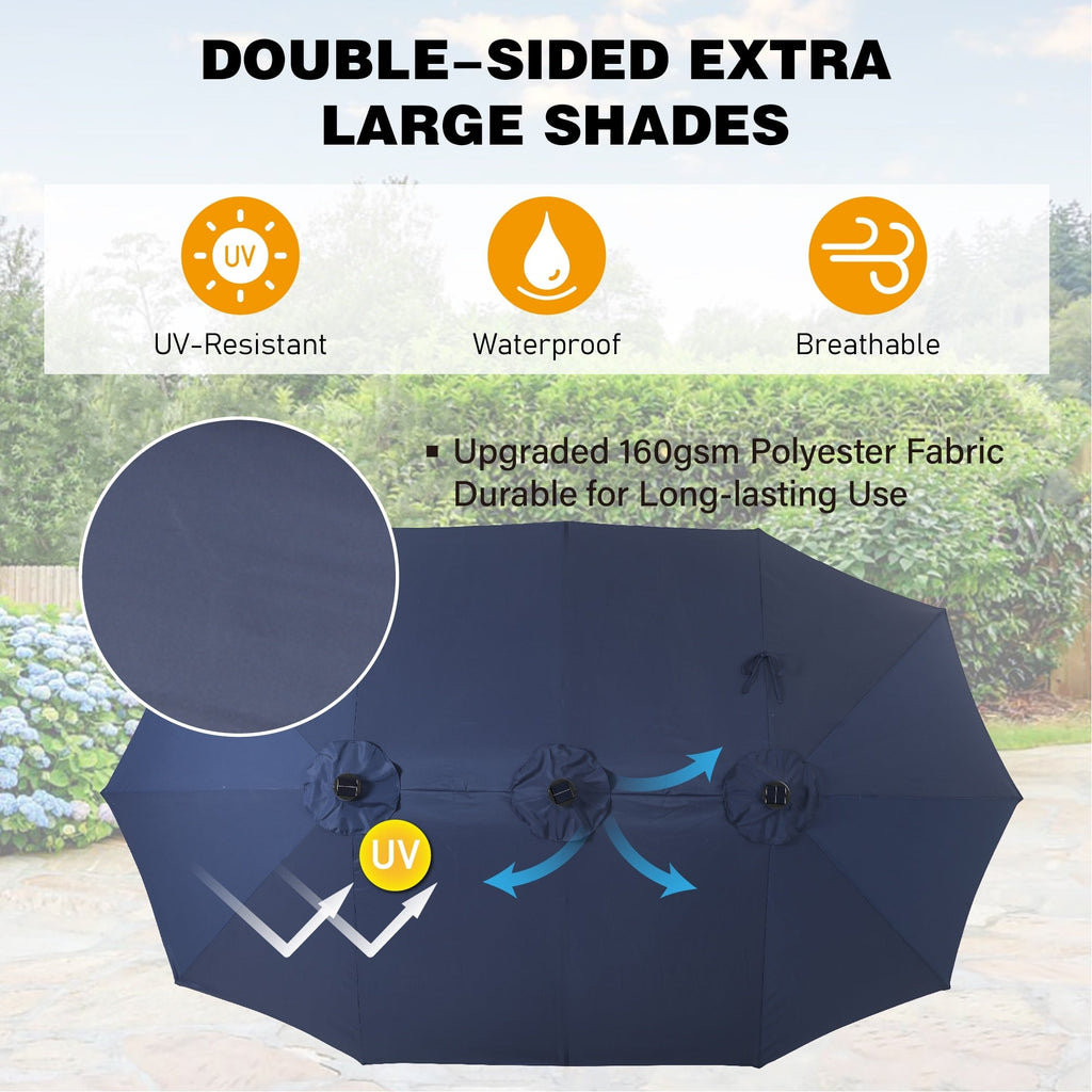 Parasol de marché extérieur rectangulaire de 4,5 m avec manivelle, double face, lumières LED solaires et base incluse