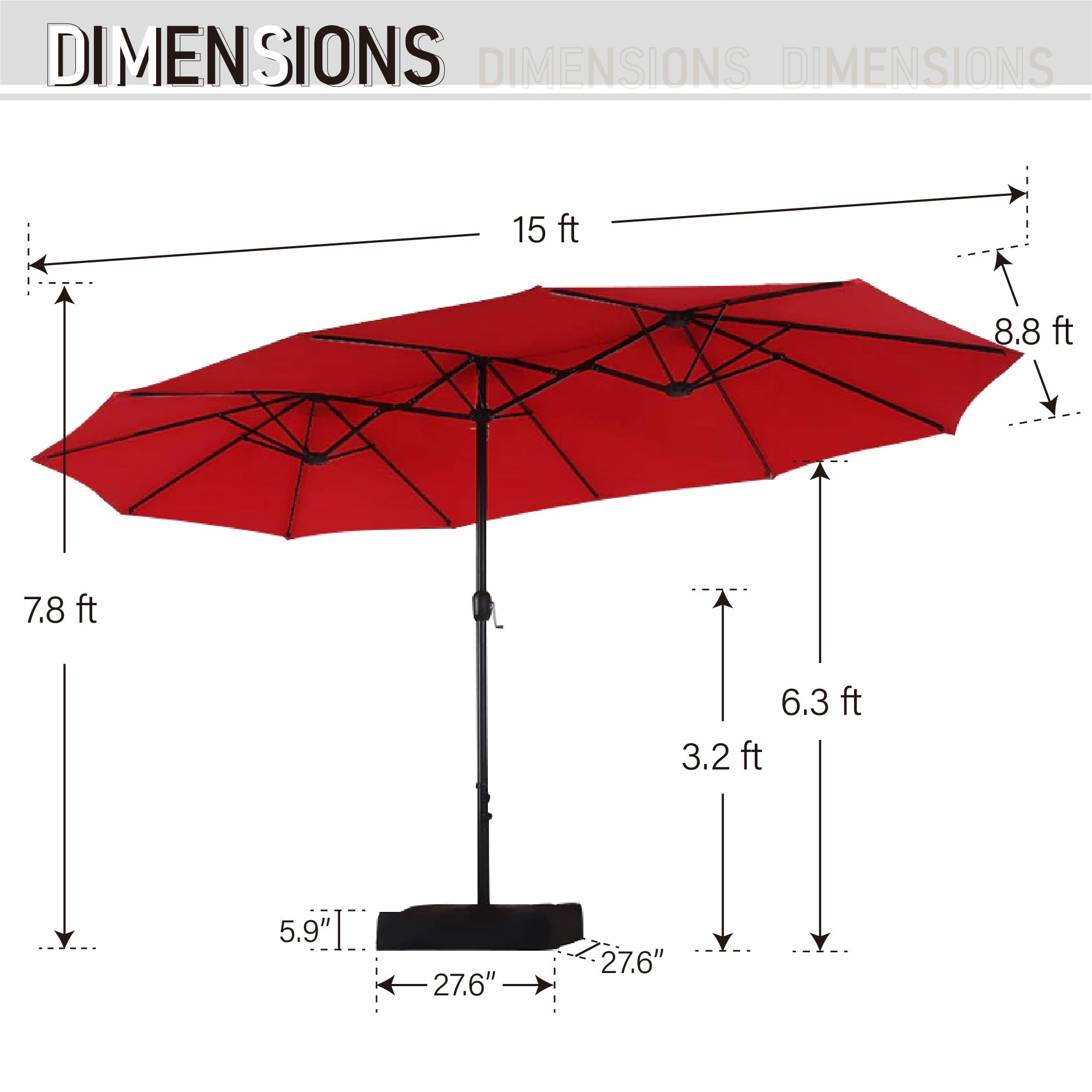 Parasol de marché extérieur rectangulaire de 4,5 m avec manivelle, double face, lumières LED solaires et base incluse