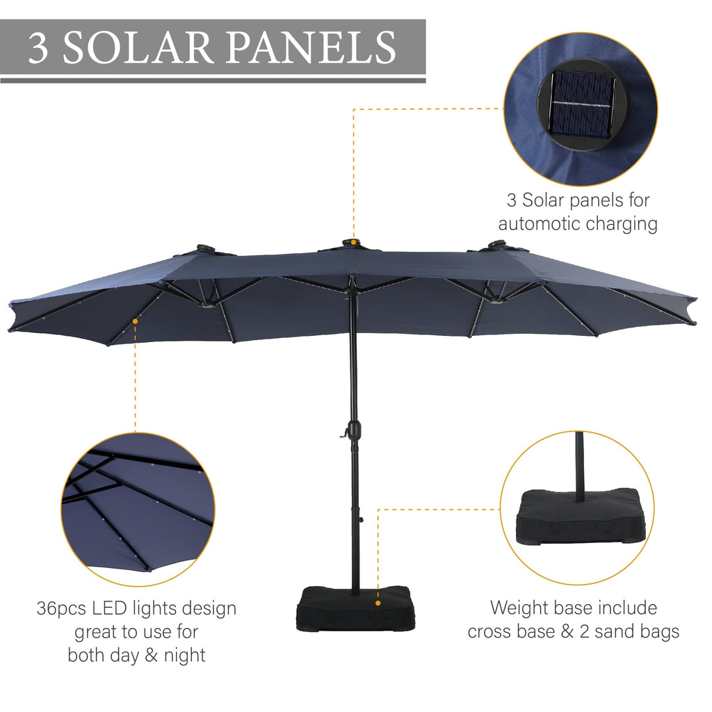 Parasol de marché extérieur rectangulaire de 4,5 m avec manivelle, double face, lumières LED solaires et base incluse