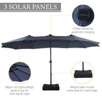 Parasol de marché extérieur rectangulaire de 4,5 m avec manivelle, double face, lumières LED solaires et base incluse