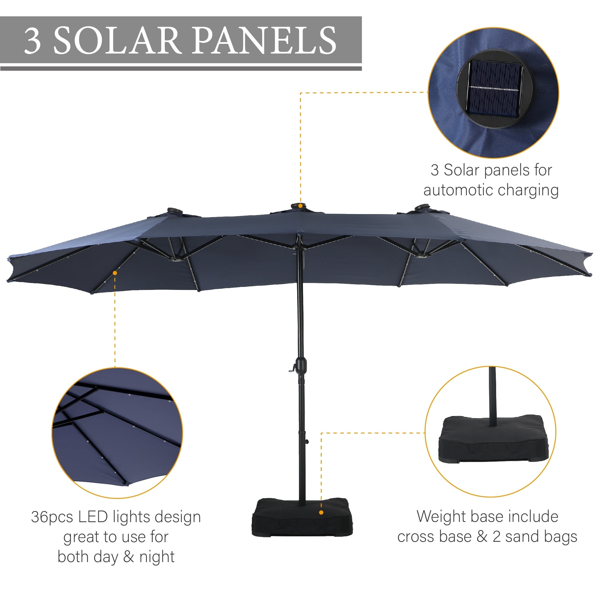 Parasol de marché extérieur rectangulaire de 4,5 m avec manivelle, double face, lumières LED solaires et base incluse