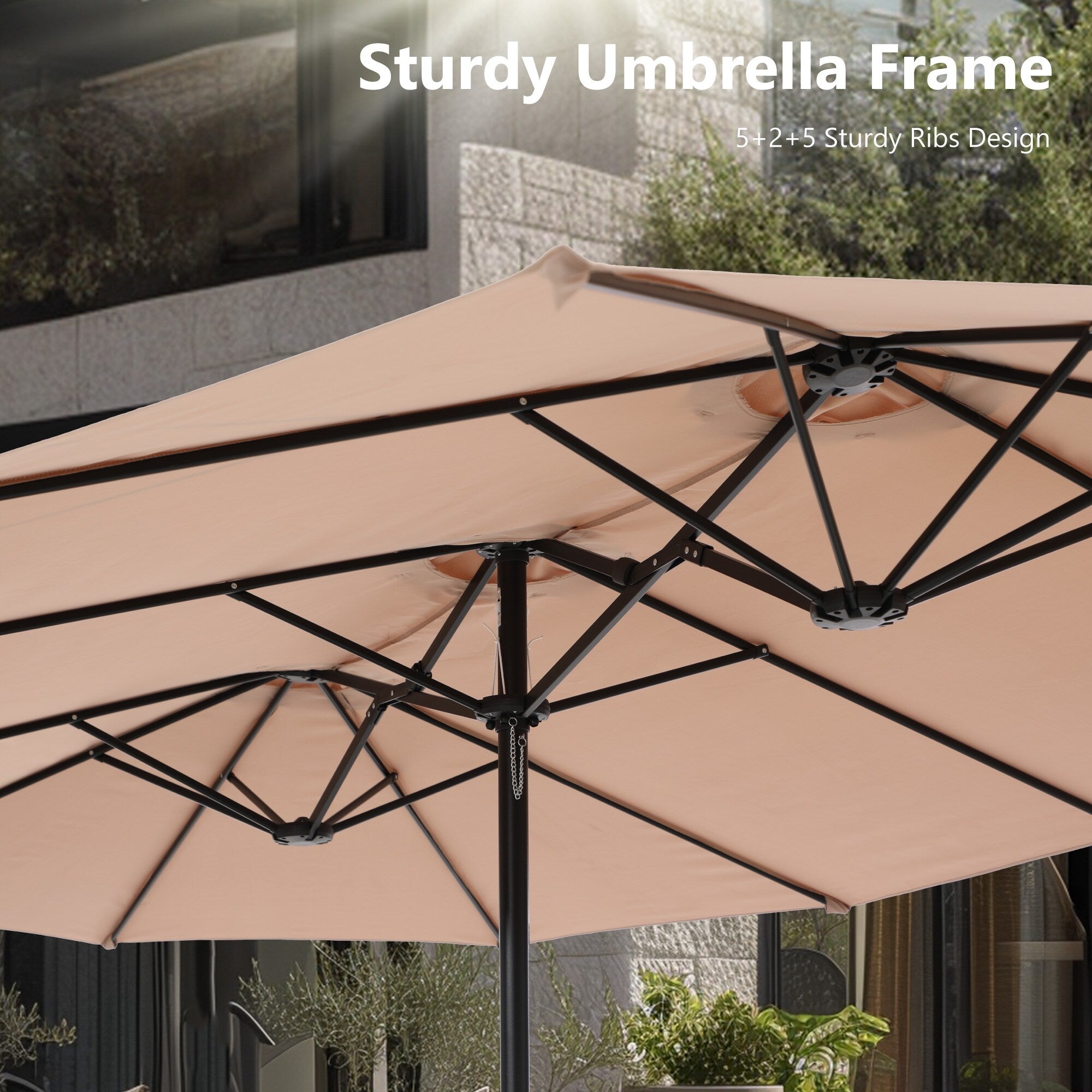 Parasol de marché extérieur rectangulaire de 4,5 m avec manivelle, double face, lumières LED solaires et base incluse