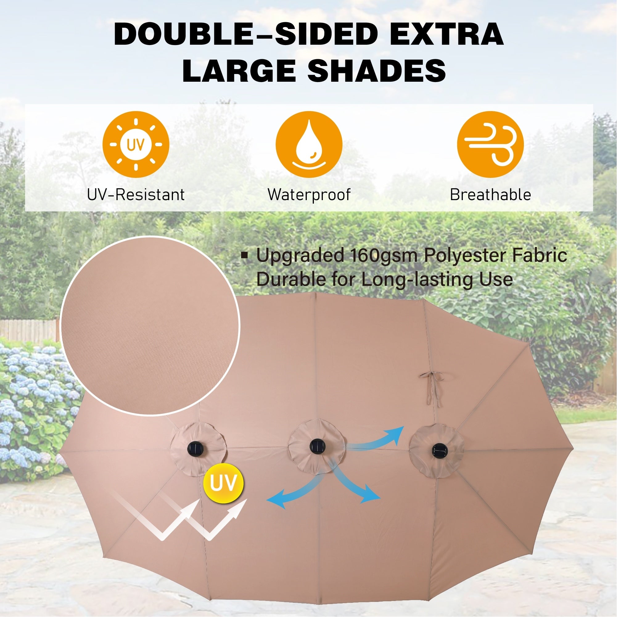 Parasol de marché extérieur rectangulaire de 4,5 m avec manivelle, double face, lumières LED solaires et base incluse