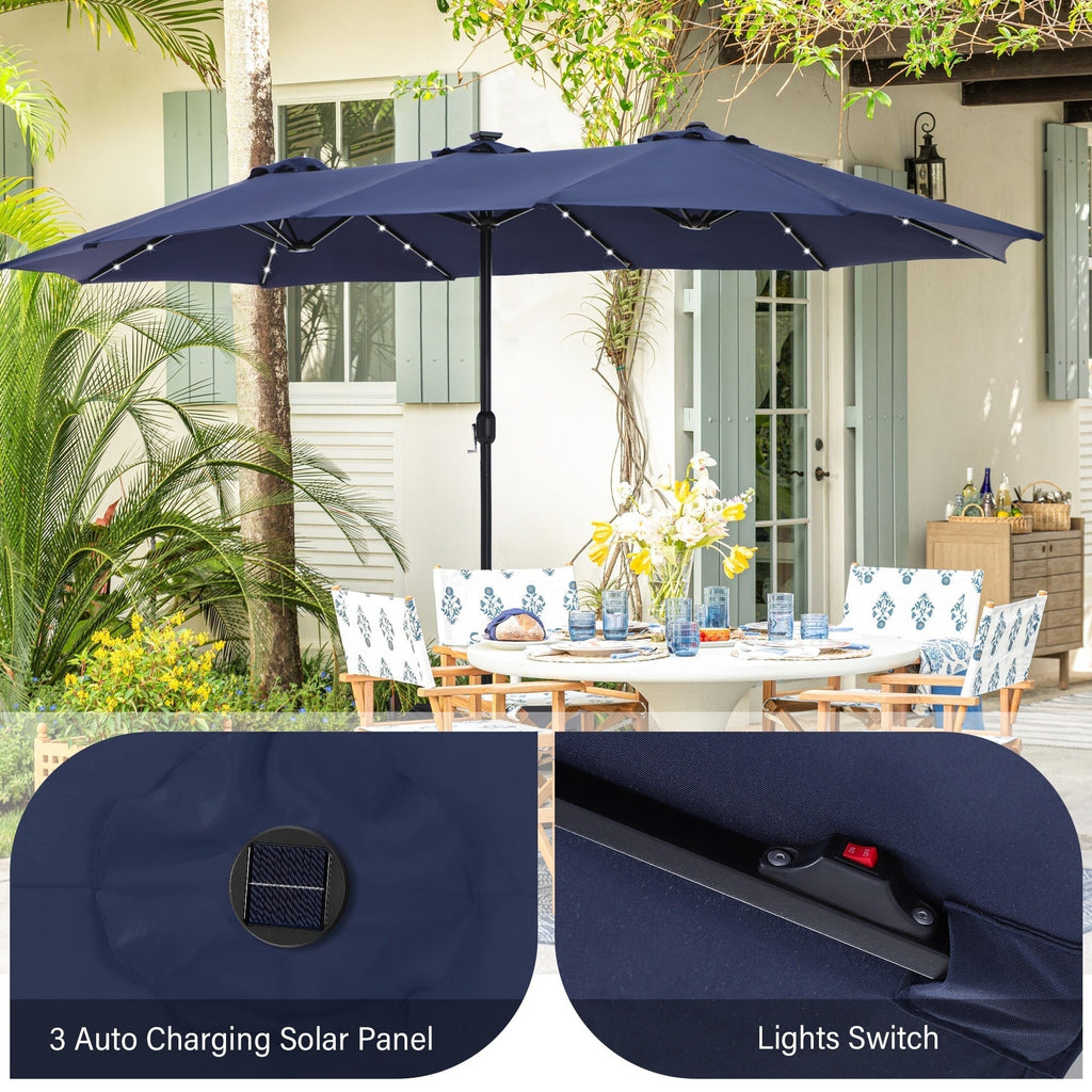 Parasol de marché extérieur rectangulaire de 4,5 m avec manivelle, double face, lumières LED solaires et base incluse