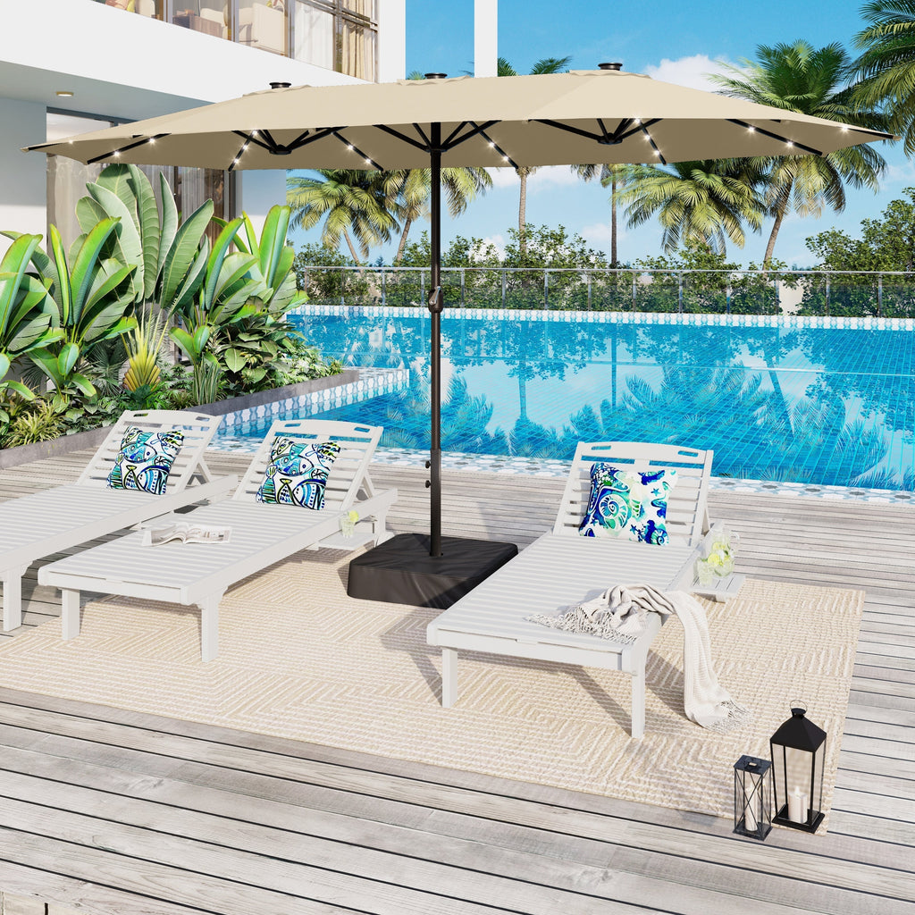 Parasol de marché extérieur rectangulaire de 4,5 m avec manivelle, double face, lumières LED solaires et base incluse
