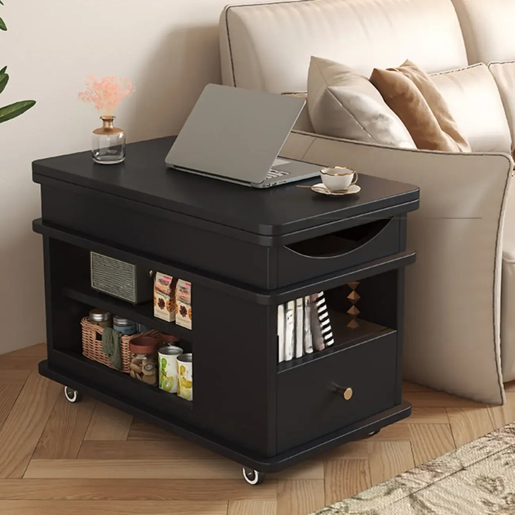 Table d'appoint pliante rectangulaire en bois et métal avec plateau relevable et roulettes