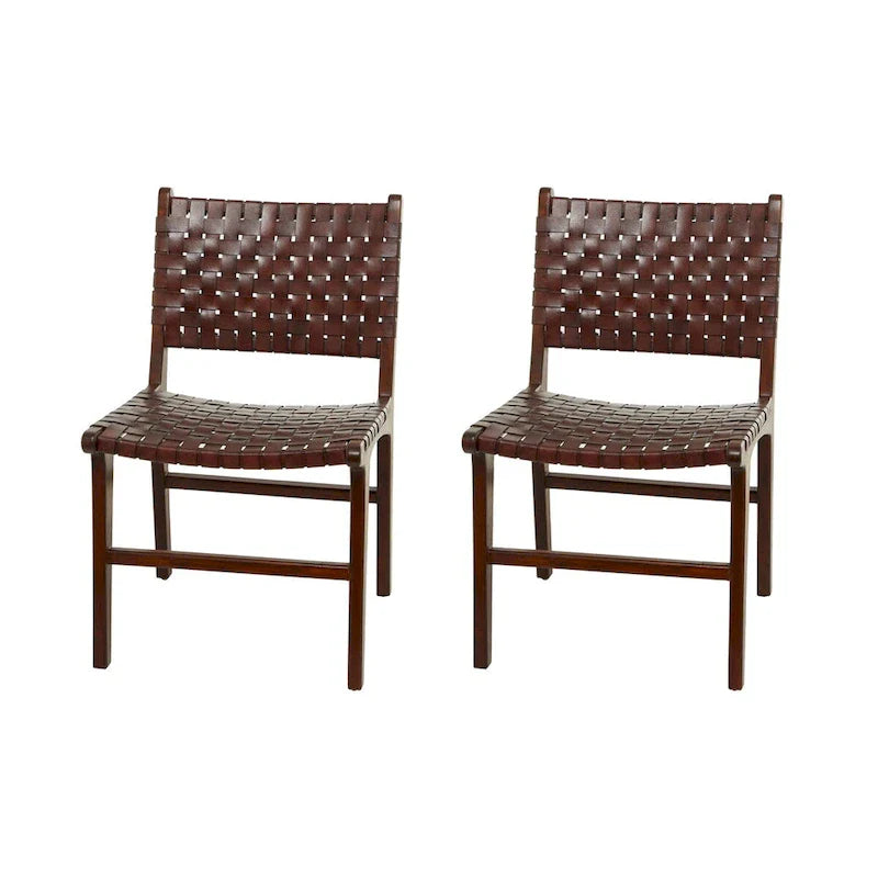 Chaises de salle à manger tressées faites à la main en cuir avec cadre en bois de teck - Lot de 2 Marron, Blanc ou Noir - Roche River Decor