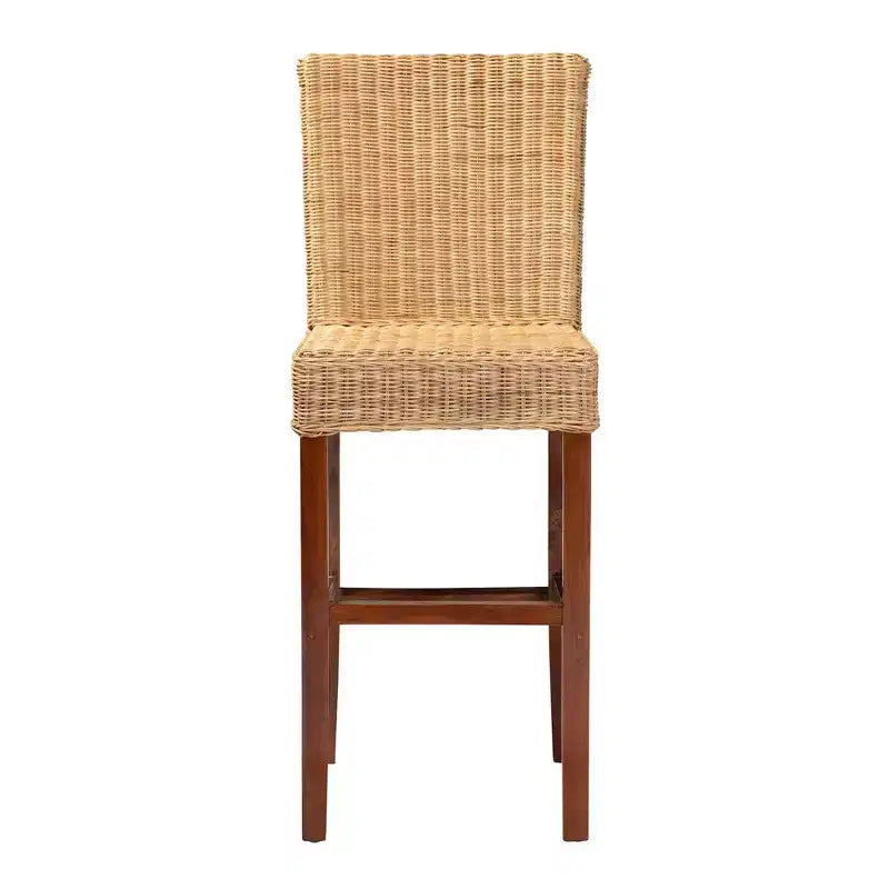 Racquel Natural Rattan & Mahogany Wood Barstool: Ergonomic, No Assembly - bali & pari