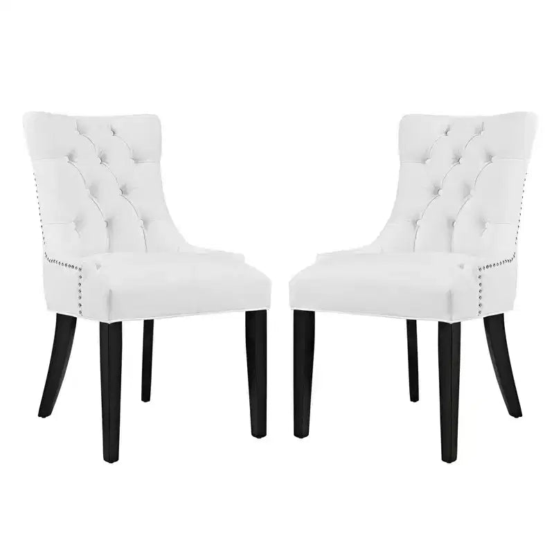Lot de 2 chaises de salle à manger d'appoint Regent en vinyle blanc – Modway : capitonnée, garniture cloutée, rembourrée, pieds en bois