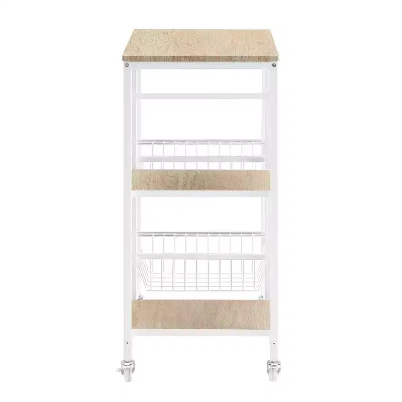 Chariot de cuisine mobile en métal blanc Tamarin : Plateau MDF, 2 paniers, roulettes verrouillables - Linon