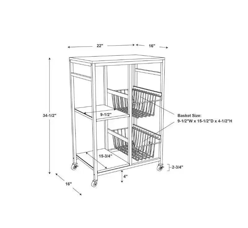 Chariot de cuisine mobile en métal blanc Tamarin : Plateau MDF, 2 paniers, roulettes verrouillables - Linon