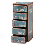 Commode de rangement accent 5 tiroirs Alba en bois bleu - Baxton Studio : Vintage parisien, anneaux de tirage en laiton, MDF