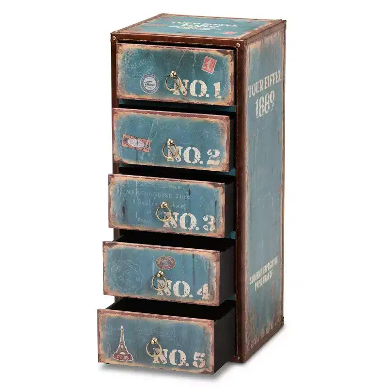 Commode de rangement accent 5 tiroirs Alba en bois bleu - Baxton Studio : Vintage parisien, anneaux de tirage en laiton, MDF