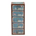 Commode de rangement accent 5 tiroirs Alba en bois bleu - Baxton Studio : Vintage parisien, anneaux de tirage en laiton, MDF