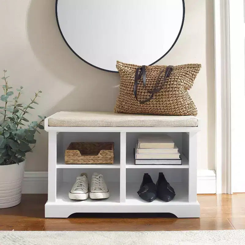 Banc de rangement Anderson blanc - Crosley : Rembourré, revêtement en lin, style champêtre