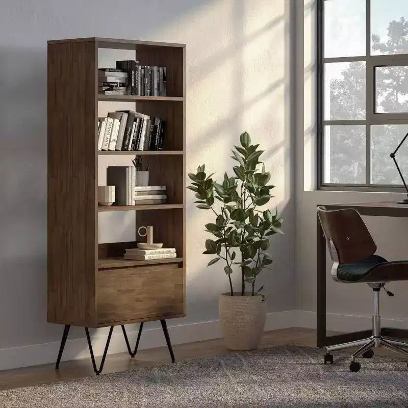 Bibliothèque haute Saylor de 162 cm avec pieds épingles et tiroir – WyndenHall : Design industriel, bois d'acacia