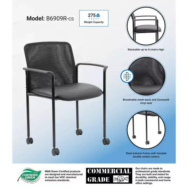 Chaise visiteur en maille avec accoudoirs fixes et cadre métallique - Boss Office Products : Empilable, dossier respirant