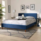 Lit plateforme Queen Frida Bleu Marine - Baxton Studio : Design Mid-Century, Pieds coniques, Revêtement velours