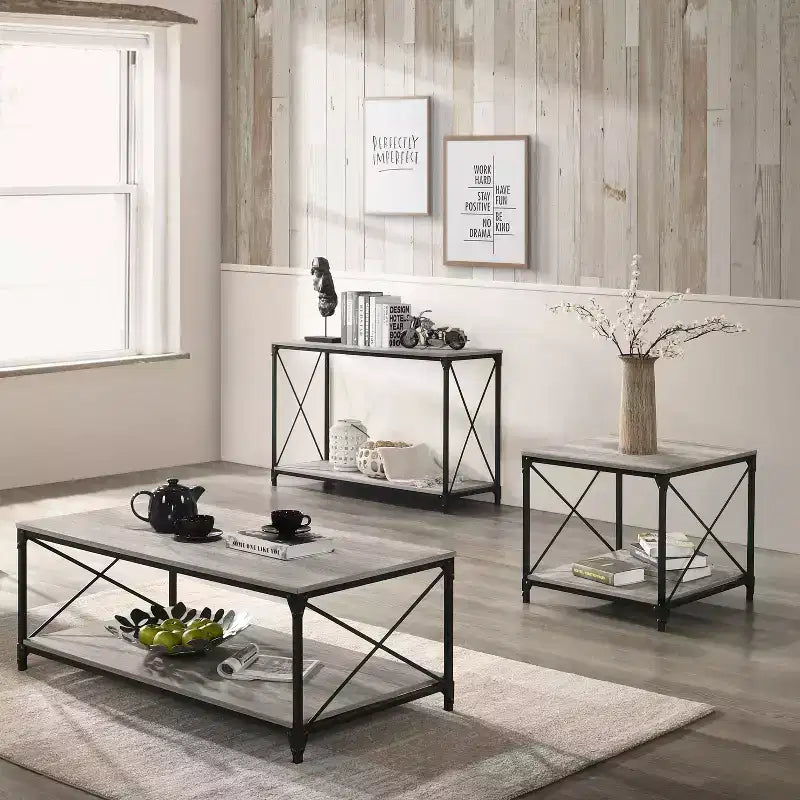 Table basse à étagère inférieure Rosslea noir/gris - HOMES: Inside + Out : Style industriel, Cadre en métal, Étagère de rangement