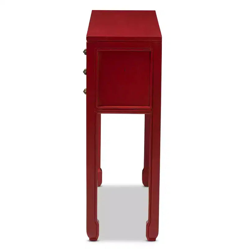 Table console Melodie à 6 tiroirs rouge - Baxton Studio : Inspiration antique, bois de bayur, poignées en bronze