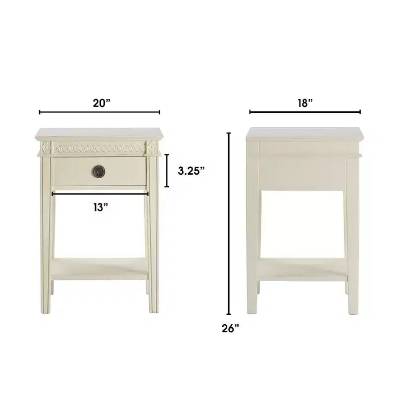 Table d'appoint Westport Blanc Antique - Finch : D'inspiration campagnarde française, Un tiroir, Finition vieillie, Quincaillerie en laiton